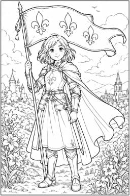 Coloriage Jeanne d’Arc héroïque – Bannière fleur de lys