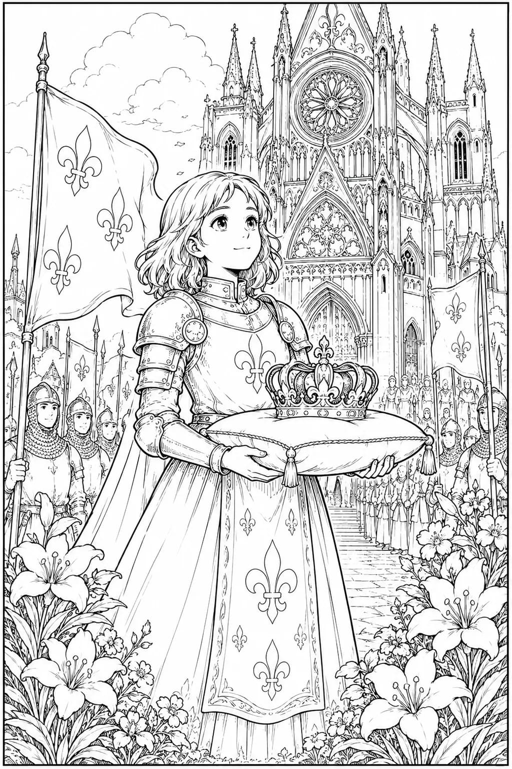 Jeanne d’Arc avec couronne royale – Cathédrale médiévale PDF