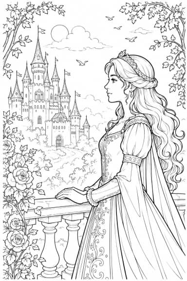Coloriage Princesse Médiévale au Château – Dessin Féérique à Imprimer