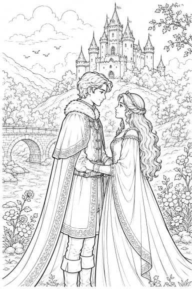Coloriage Couple Royal Romantique – Conte de Fées à Imprimer