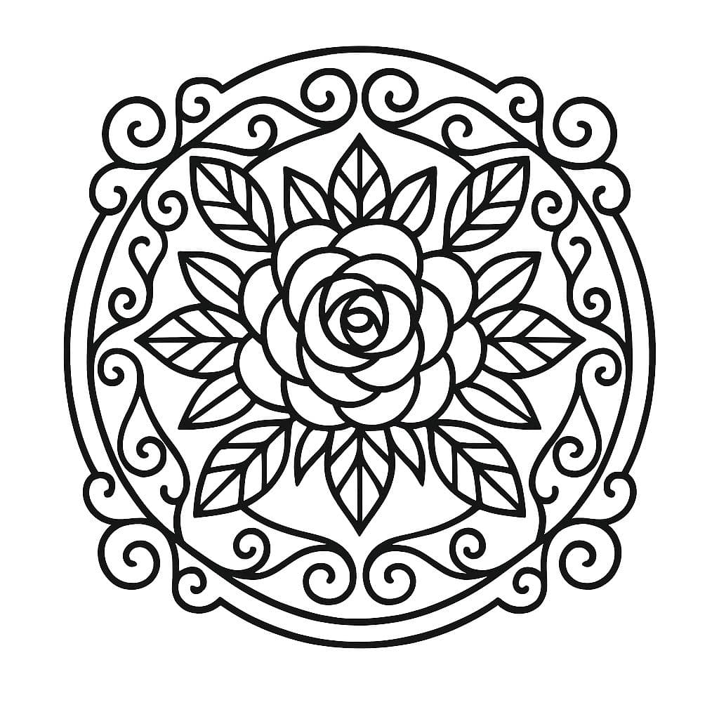 Mandala floral – Rose symétrique à colorier