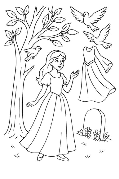 Cendrillon ("Aschenputtel") avec l’arbre magique et les oiseaux blancs