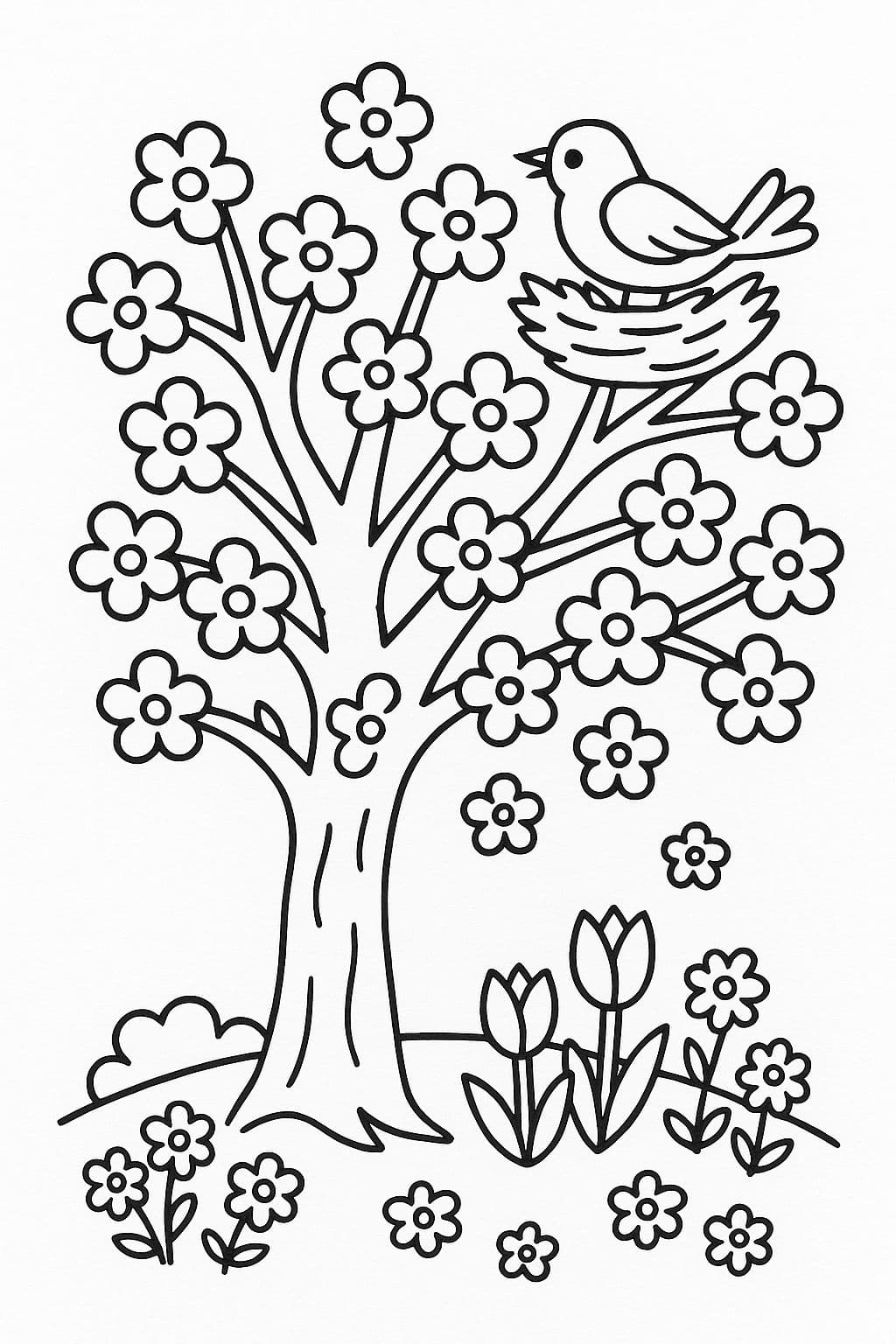 Arbre en fleurs et nid d’oiseau