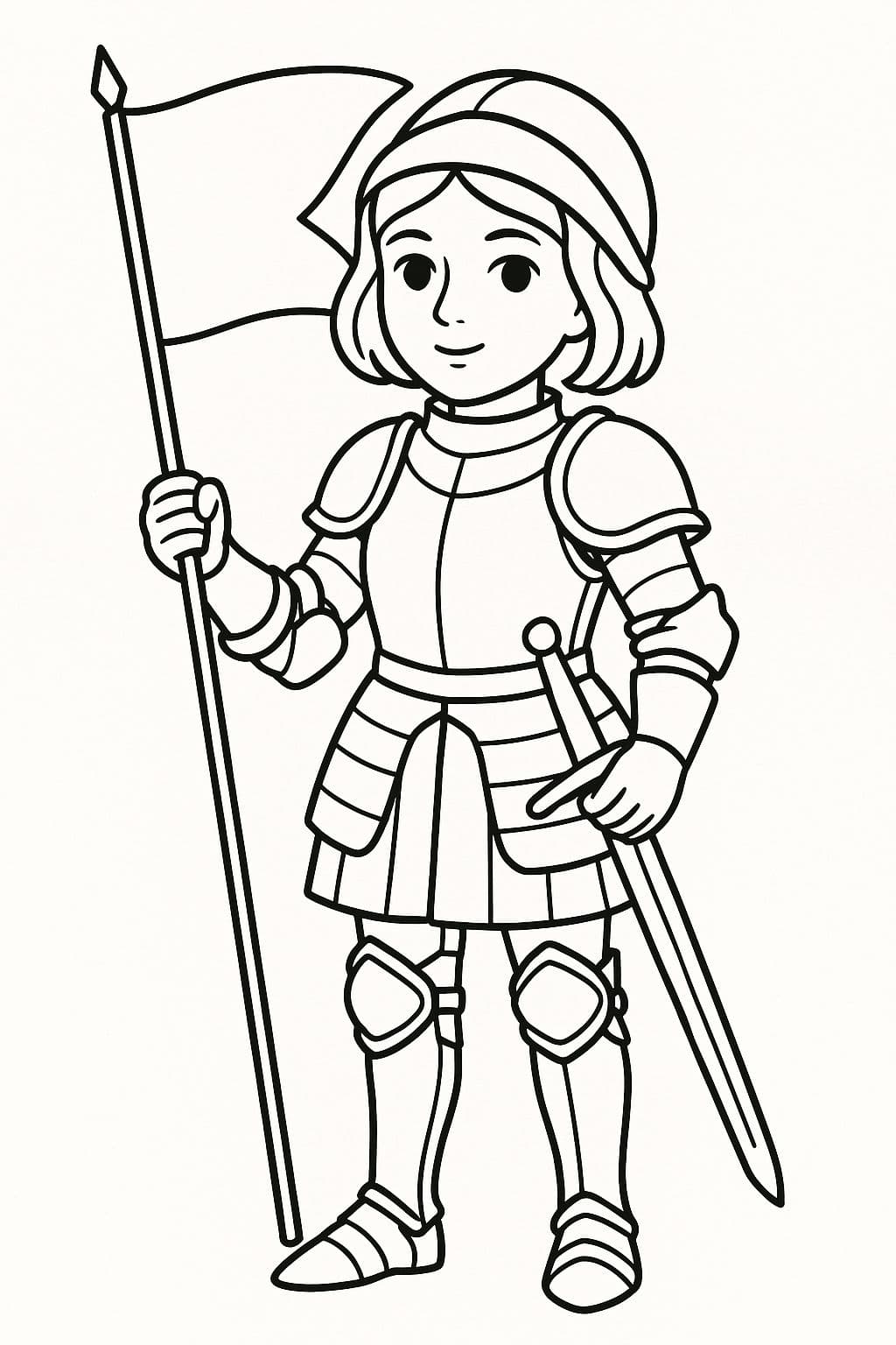 Jeanne d’Arc petite chevalière avec armure et drapeau
