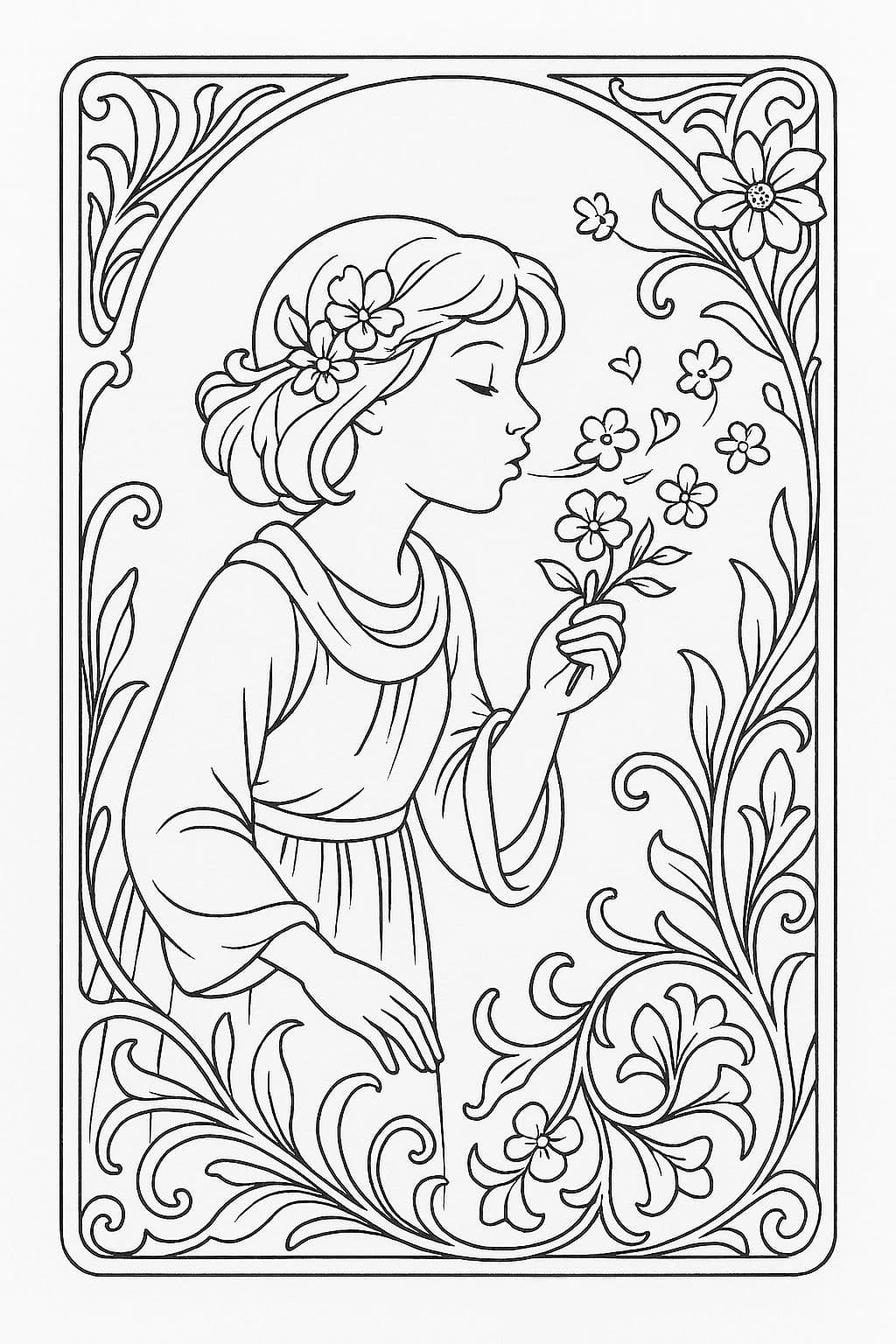 Jeune fille et arabesques florales