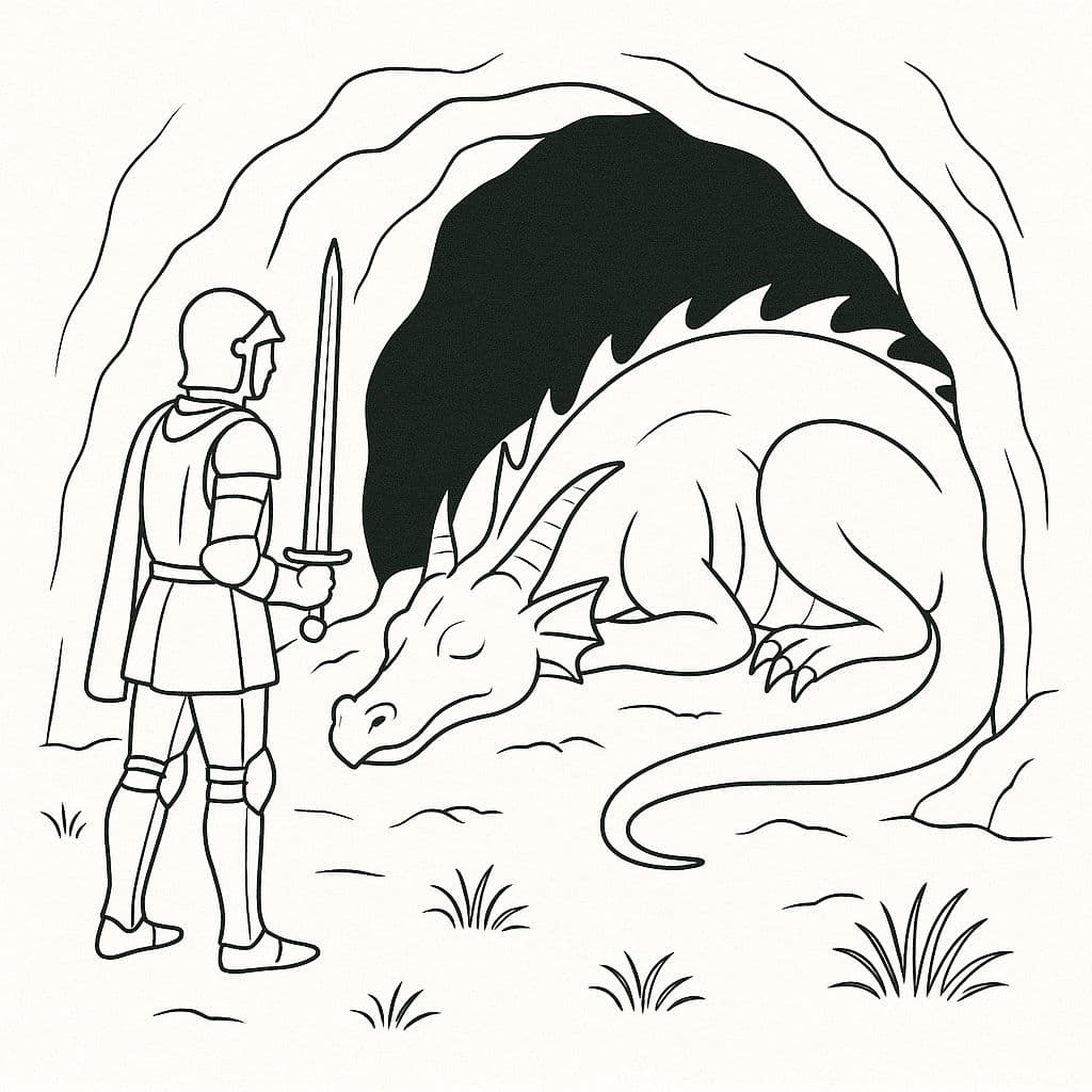 Dragon endormi dans une grotte, chevalier à l’entrée