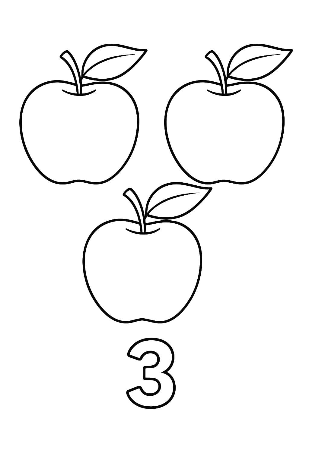Trois pommes à colorier – J’apprends le chiffre 3