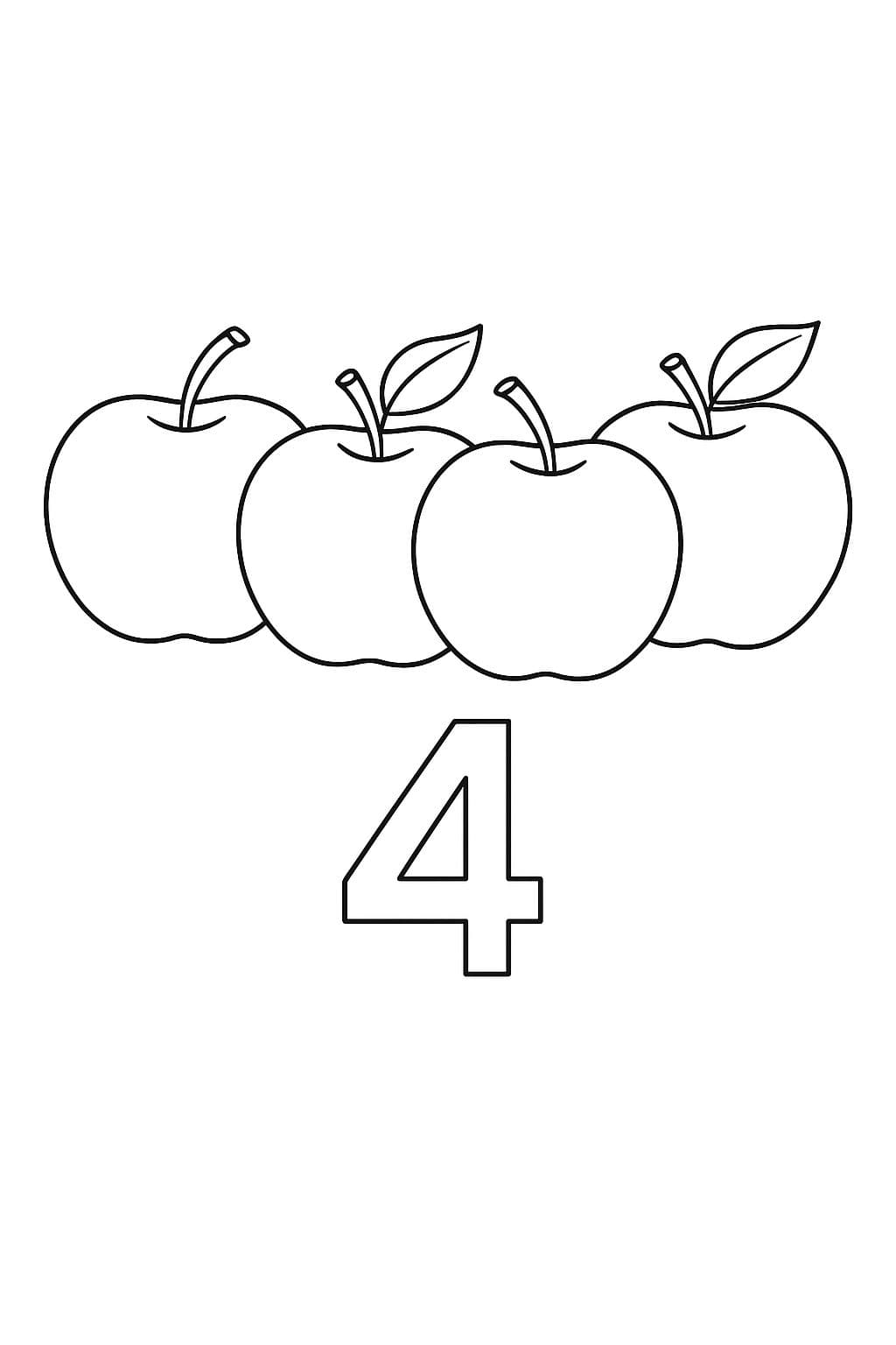 Quatre pommes à colorier – J’apprends le chiffre 4
