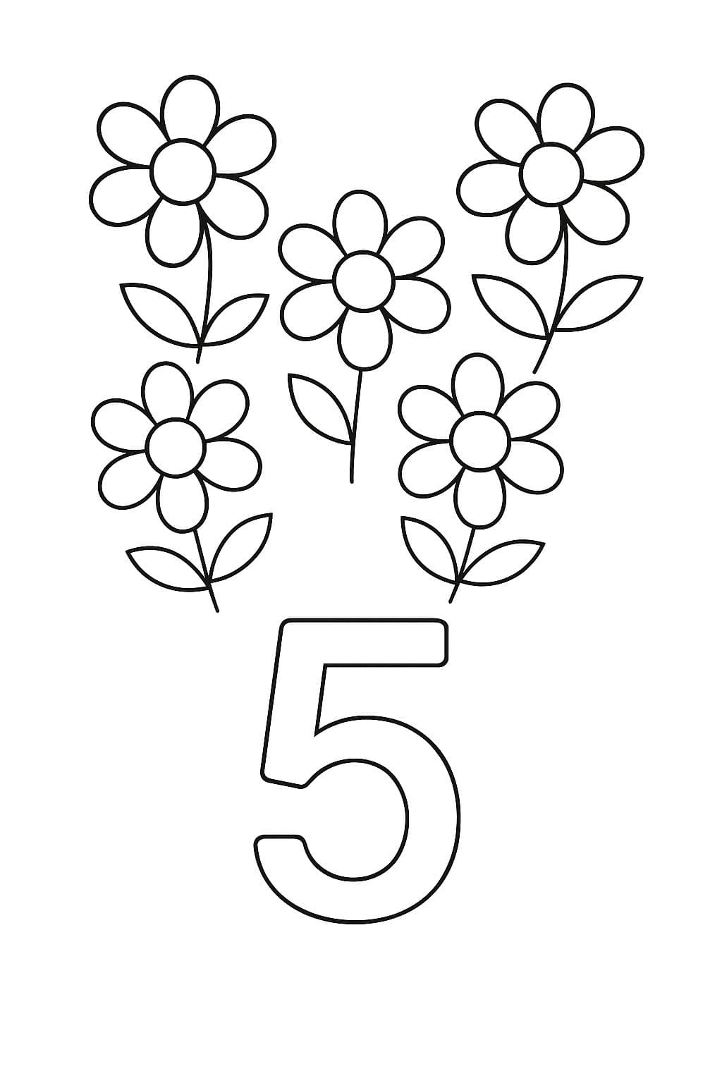 Cinq fleurs à colorier – J’apprends le chiffre 5