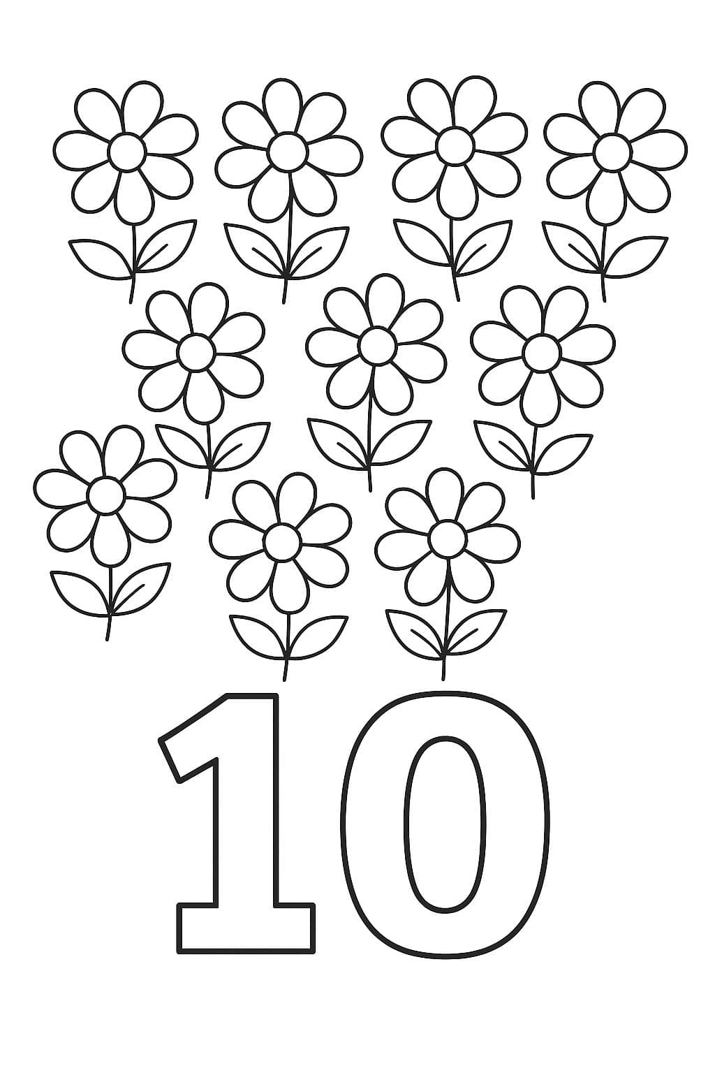 Dix fleurs à colorier – J’apprends le chiffre 10