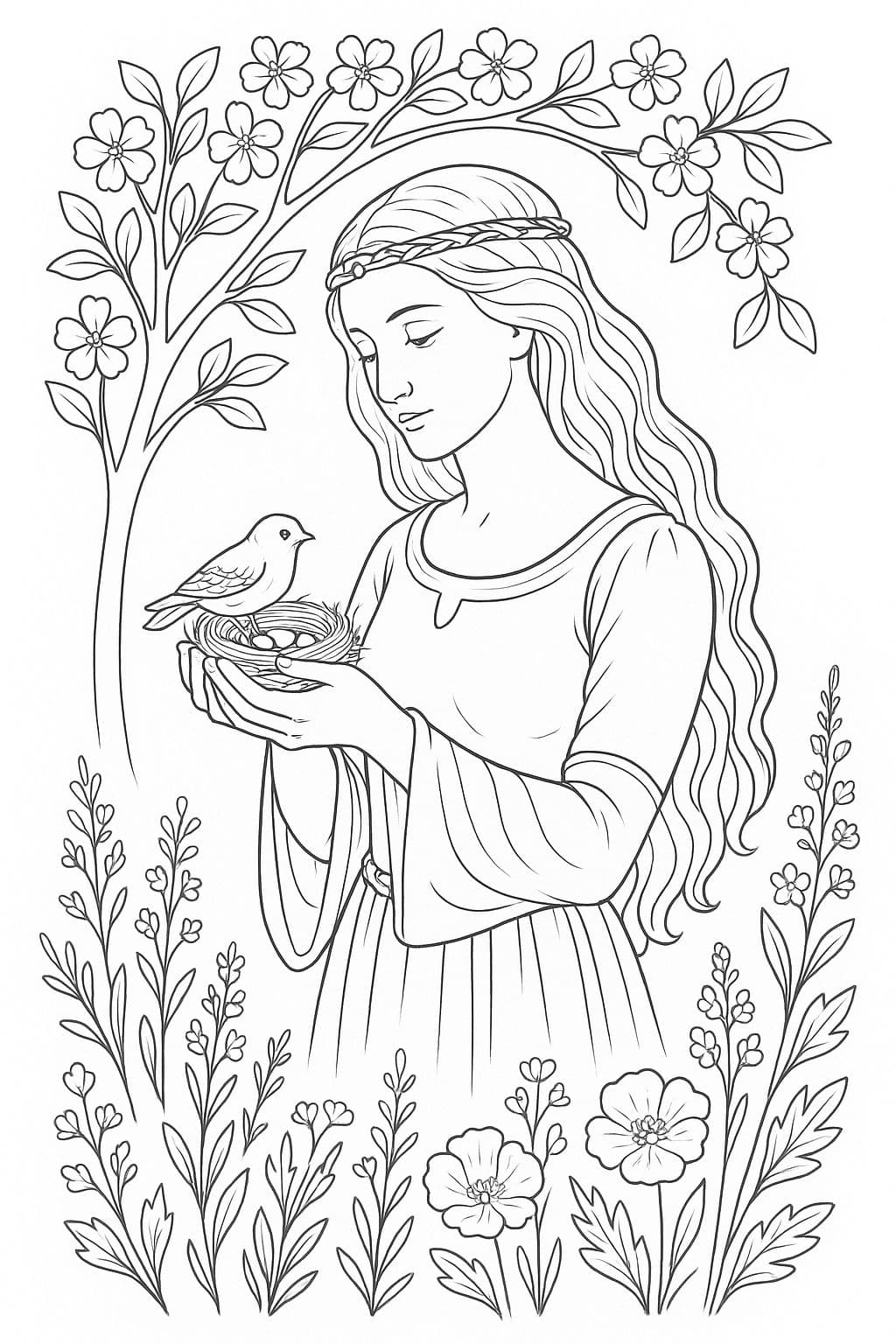 Femme Médiévale – Nature et Douceur à Colorier