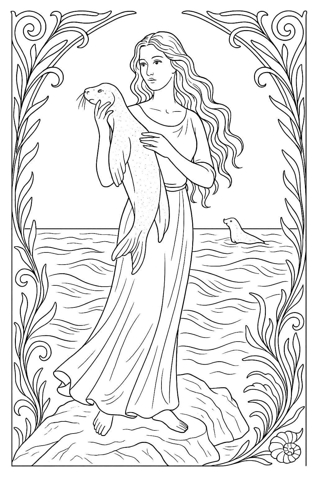Selkie – Légende nordique à colorier | Créature mythique Art Nouveau