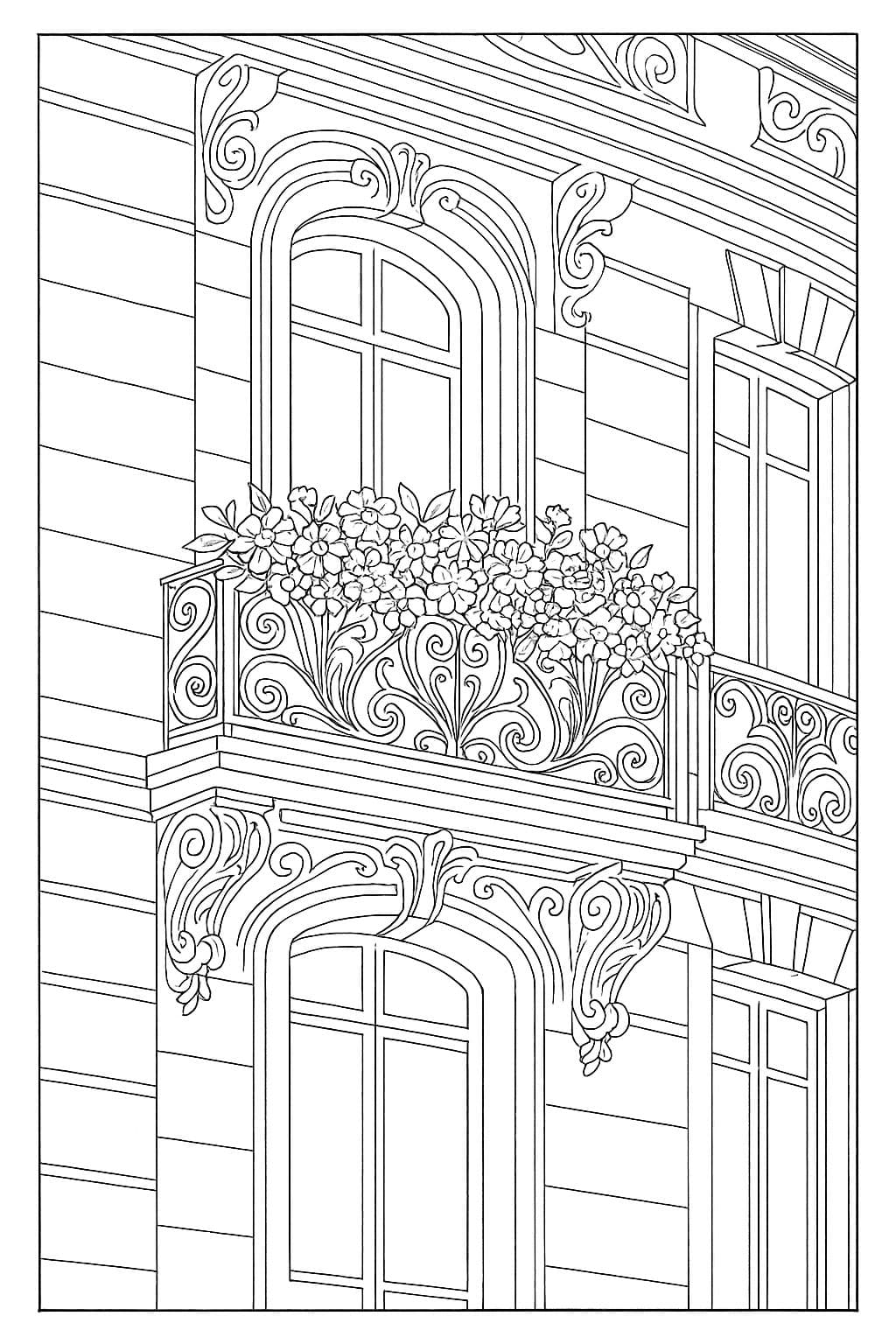 Balcon fleuri à la française – Coloriage Art Nouveau façon Mucha
