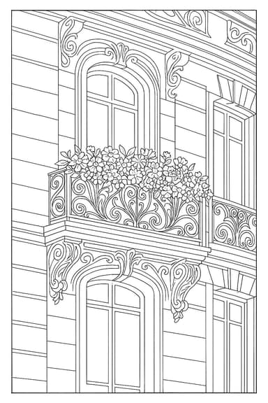 Balcon fleuri à la française – Coloriage Art Nouveau façon Mucha