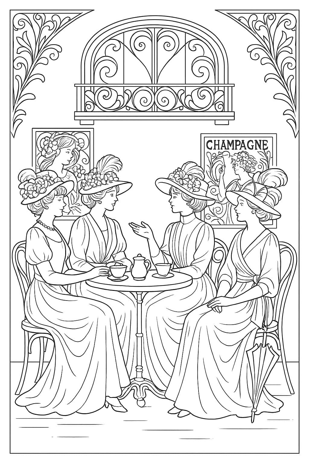 Terrasse de café parisien – Belle Époque à colorier