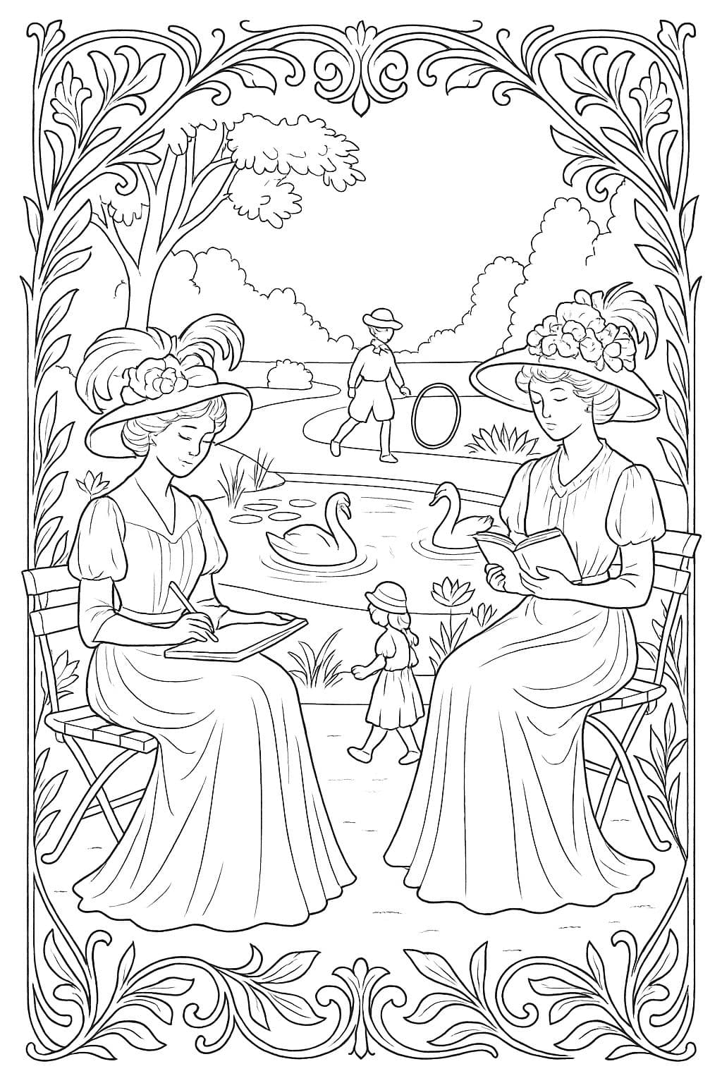Promenade au jardin public – Coloriage Belle Époque