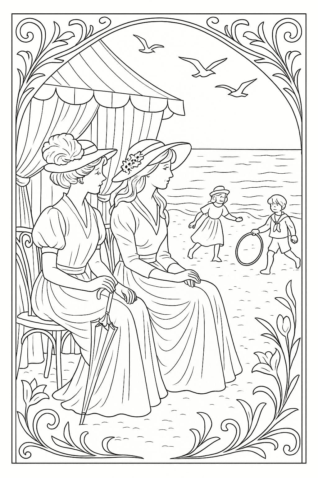 Plage normande à la Belle Époque – Coloriage élégant