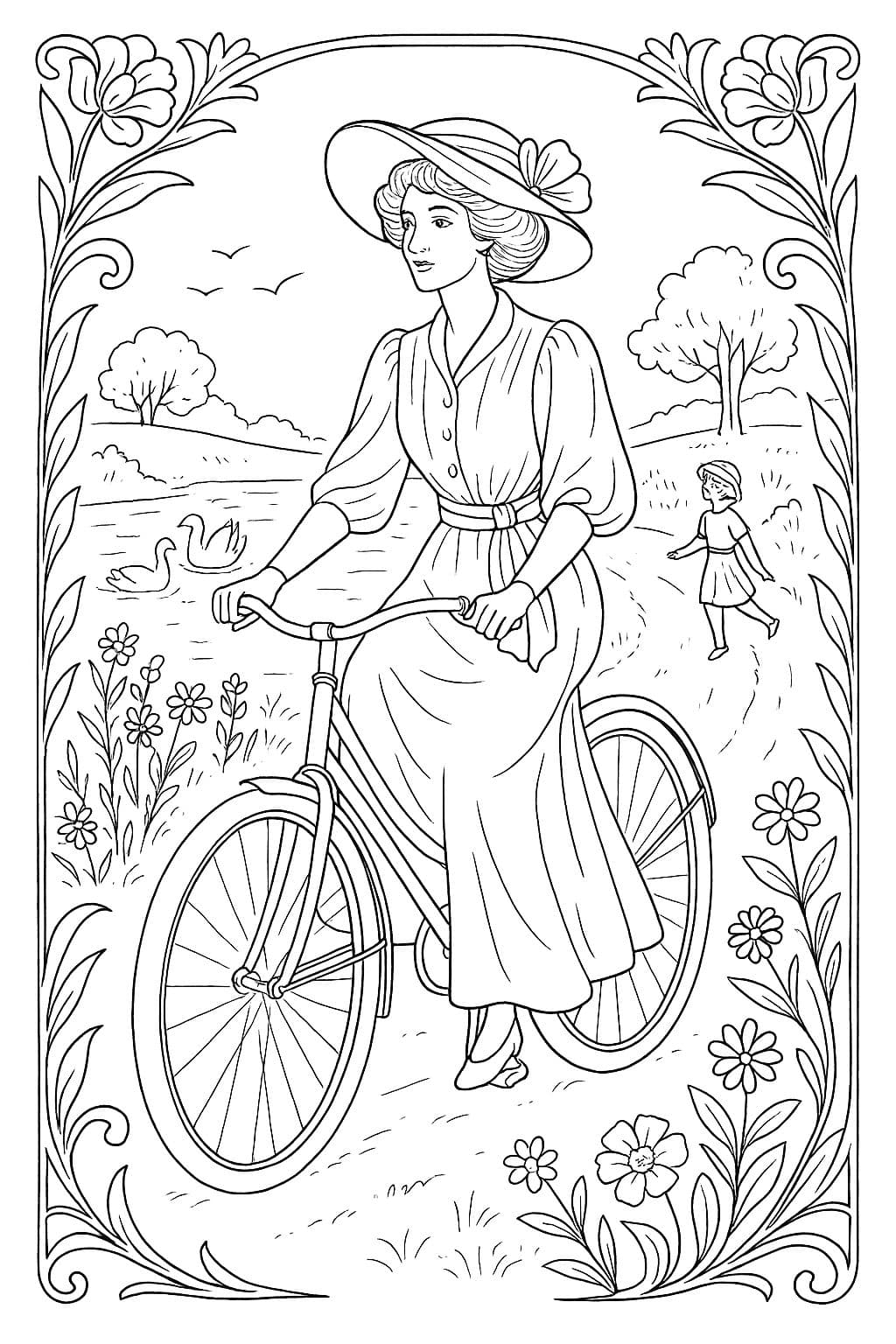 Femme à bicyclette – Coloriage Belle Époque en campagne