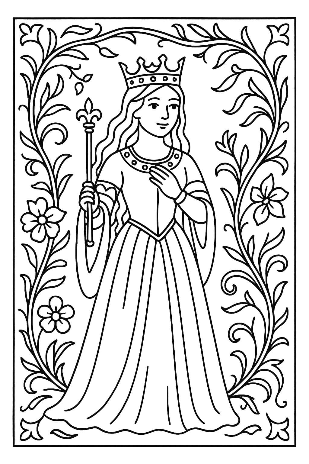 Coloriage enluminure – Reine médiévale et manuscrit décoré