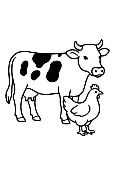 Vache et Poule à la Ferme – Coloriage Animaux pour Enfants
