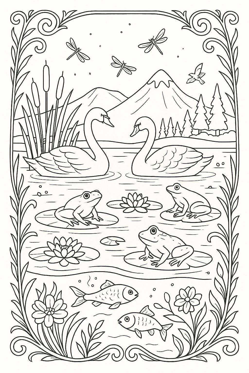 Étang paisible – Coloriage écosystème zone humide