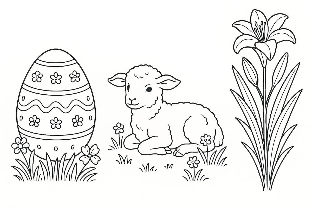 Coloriage de Pâques : œuf décoré, agneau et lys