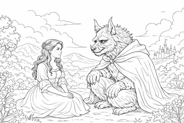 La Belle et la Bête – Coloriage romantique en forêt