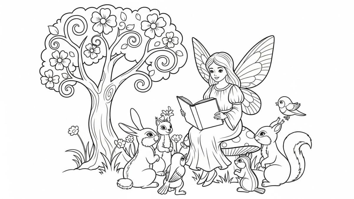 Fée conteuse à colorier – Les animaux écoutent l’histoire