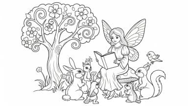 Fée conteuse à colorier – Les animaux écoutent l’histoire