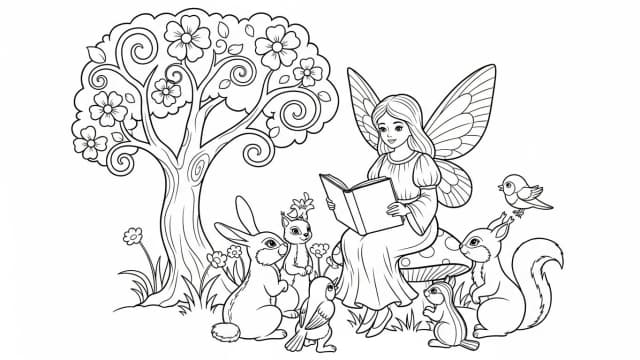 Fée conteuse à colorier – Les animaux écoutent l’histoire