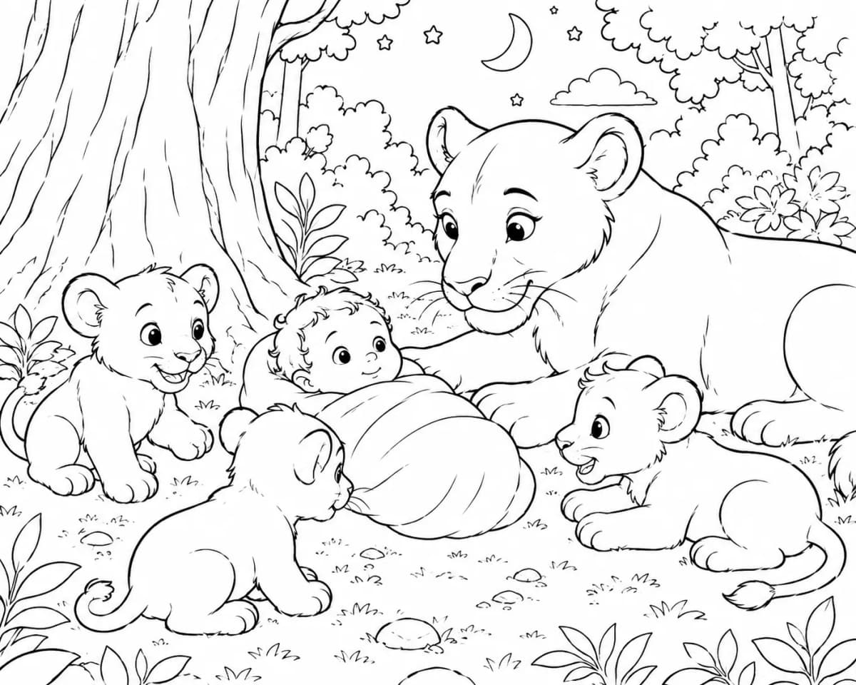Fatal parmi les lionceaux — Coloriage de conte ancien