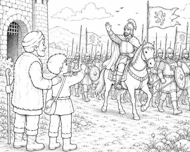 Le départ pour la guerre — Coloriage médiéval