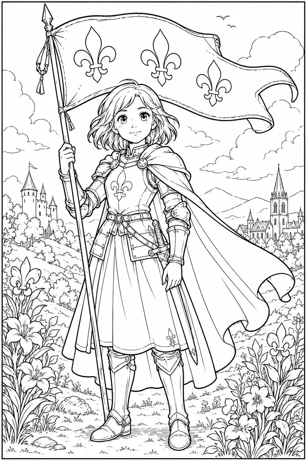 Coloriage Jeanne d’Arc héroïque – Bannière fleur de lys