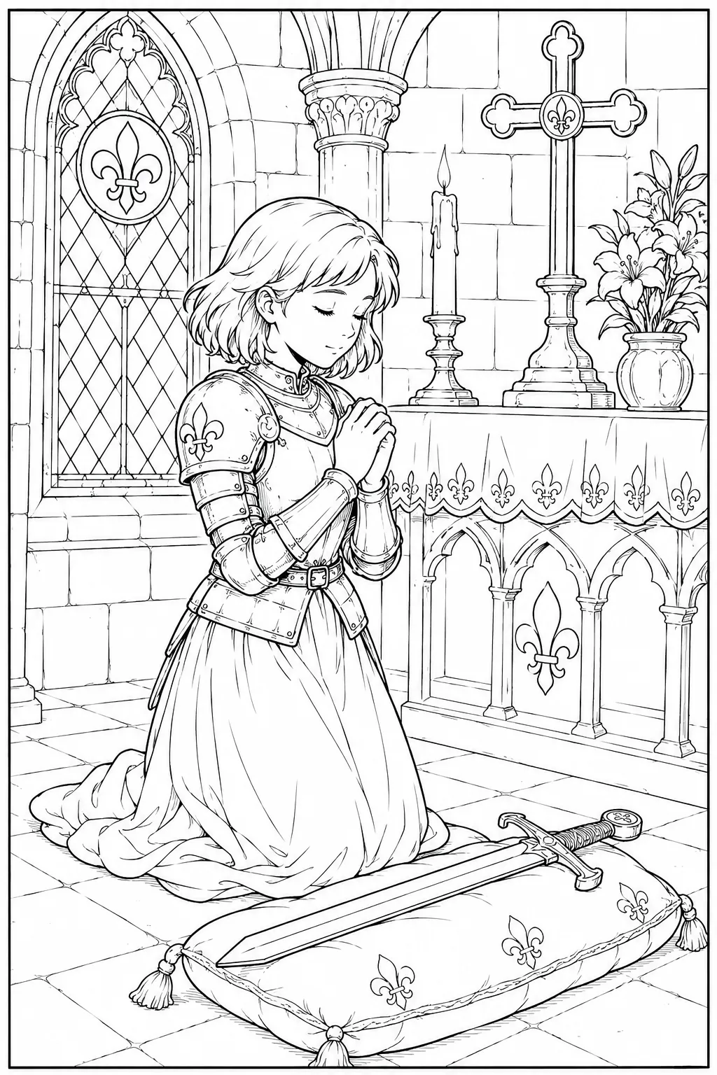 Jeanne d’Arc en prière – Dessin médiéval