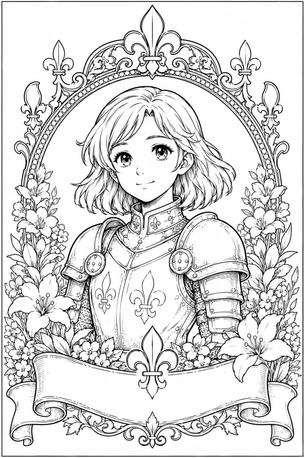 Portrait Jeanne d’Arc fleuri – Cadre médiéval