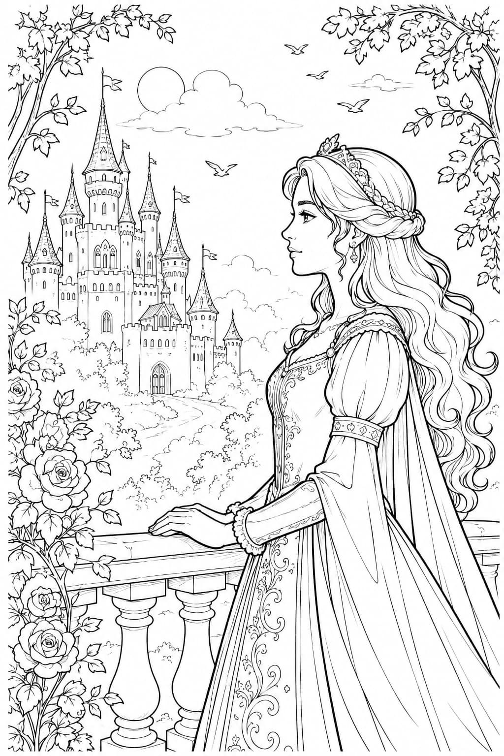 Coloriage Princesse Médiévale au Château – Dessin Féérique à Imprimer