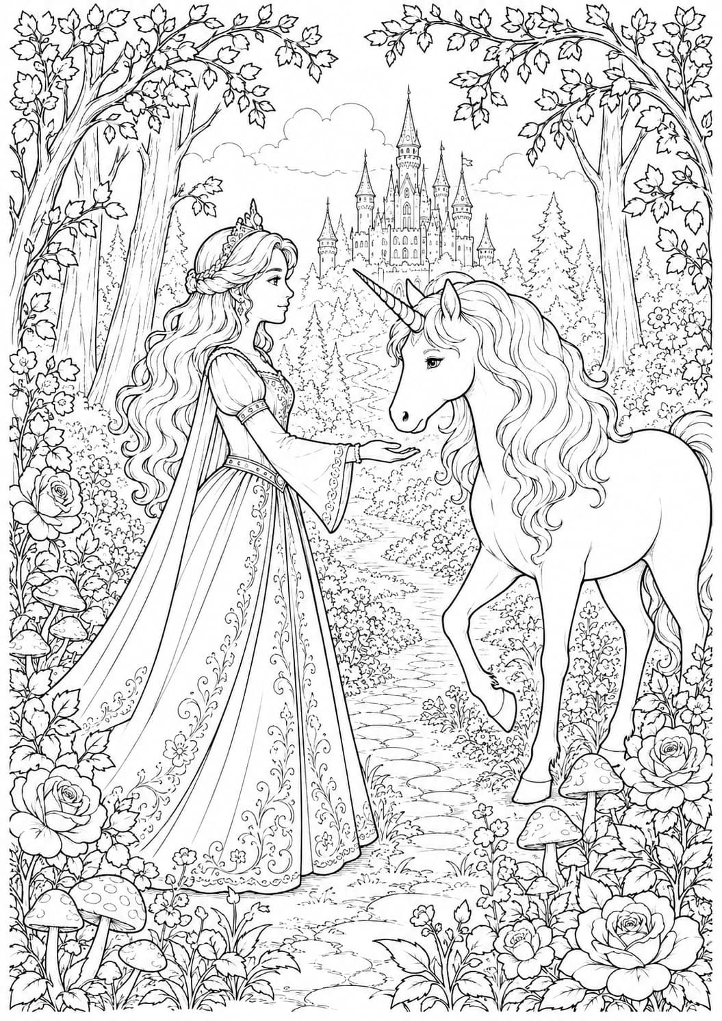 Coloriage princesse et licorne à imprimer – Conte féerique au château