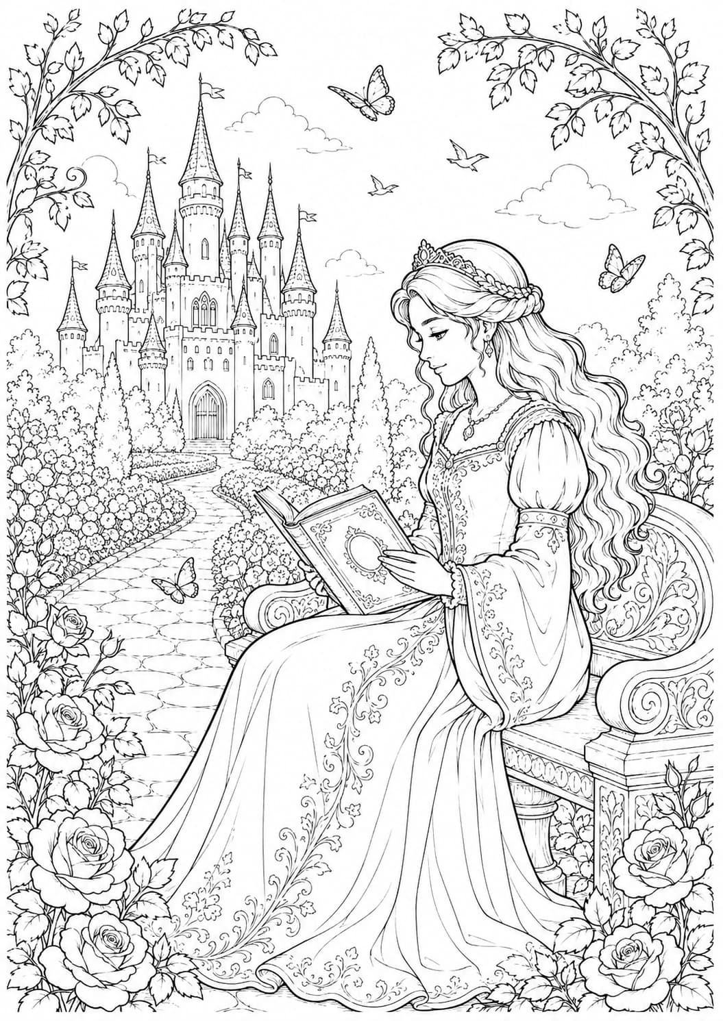 Coloriage princesse qui lit dans un jardin de château