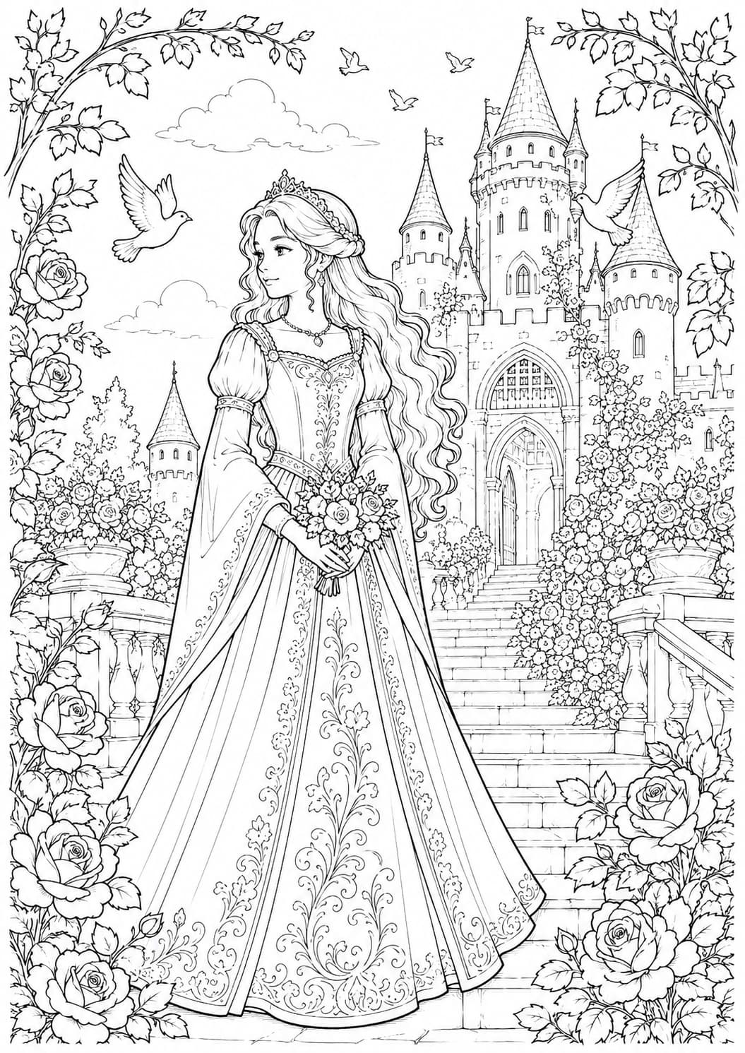 Coloriage princesse au bouquet devant un château