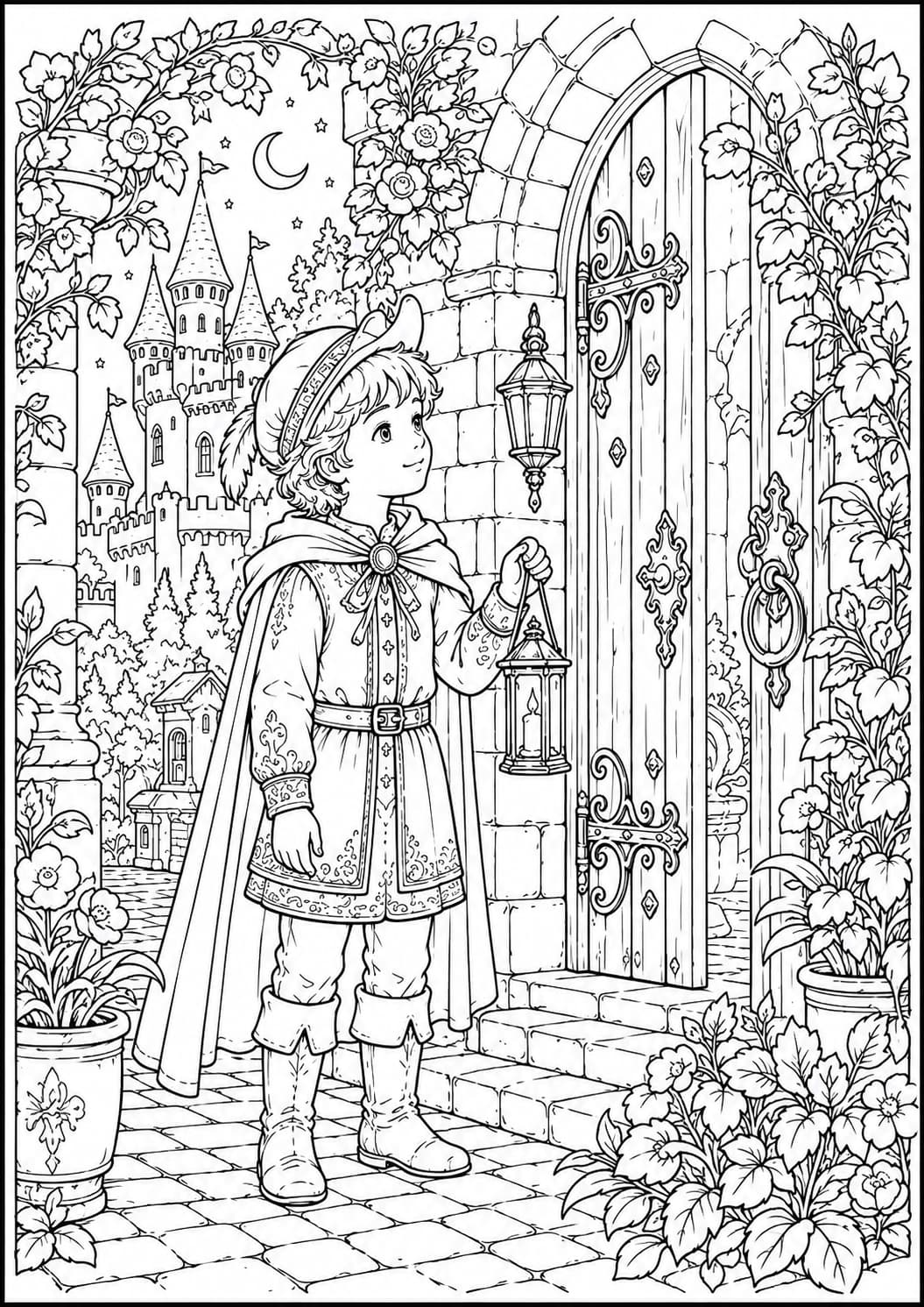 Coloriage jeune prince devant la porte du château