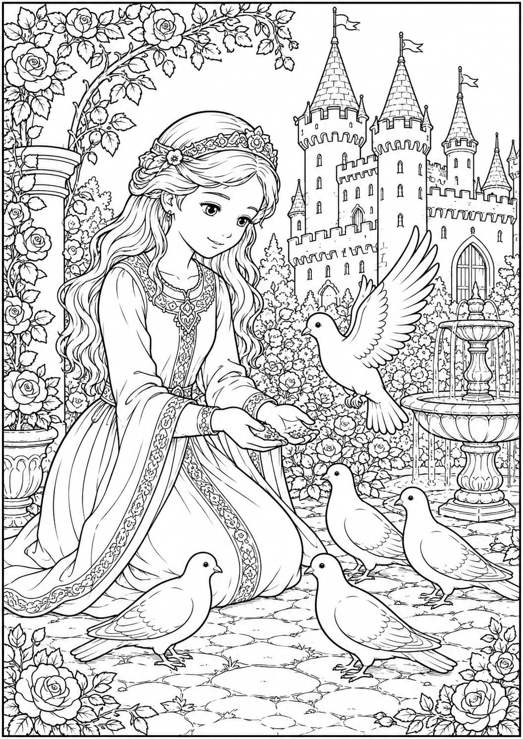 Coloriage princesse avec colombes dans le jardin du château