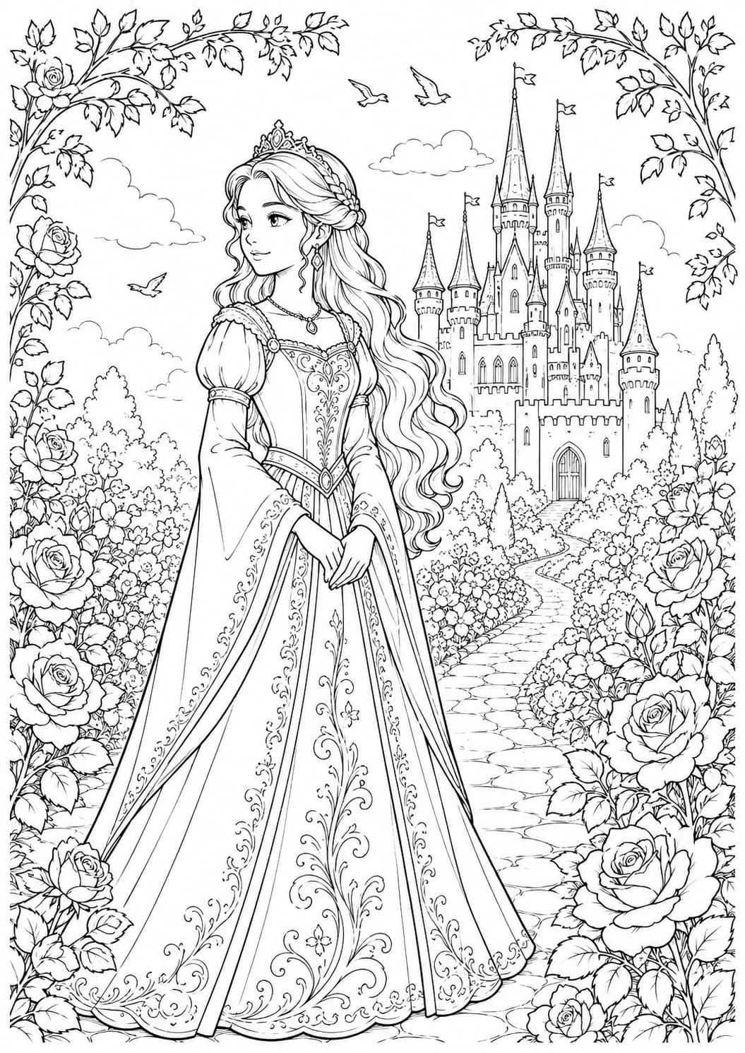Coloriage princesse dans le jardin du château