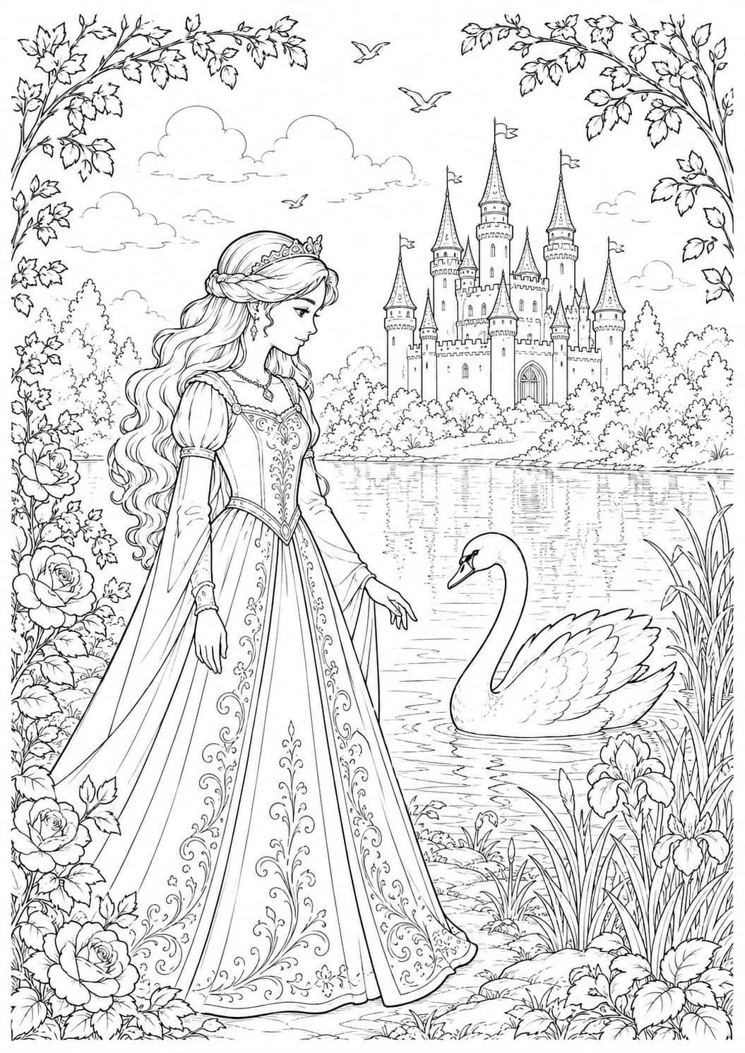 Coloriage princesse et cygne au bord du lac