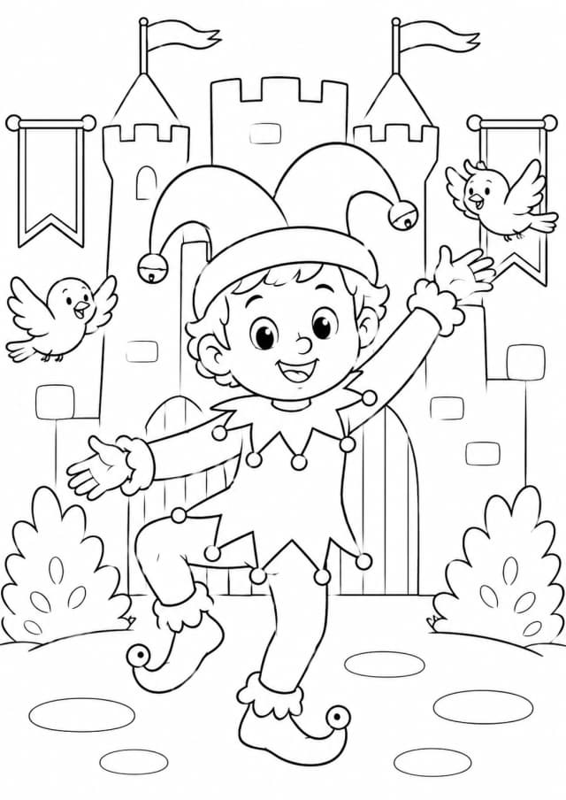 Coloriage fou du roi qui danse devant un château