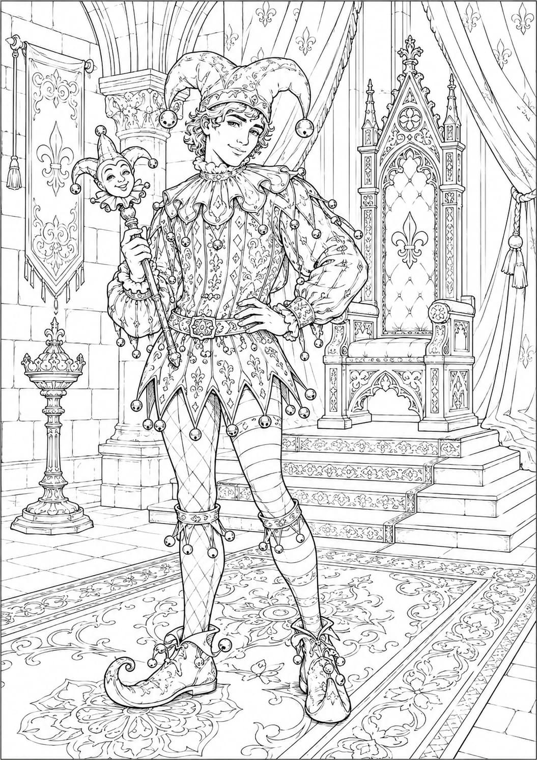 Coloriage fou du roi détaillé dans la salle du trône