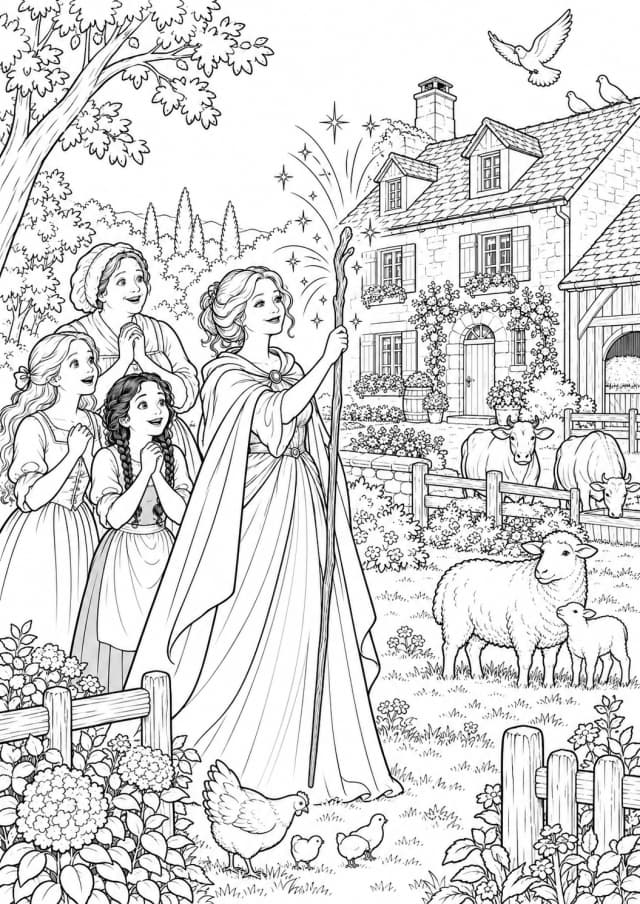 Coloriage de ferme magique avec une fée