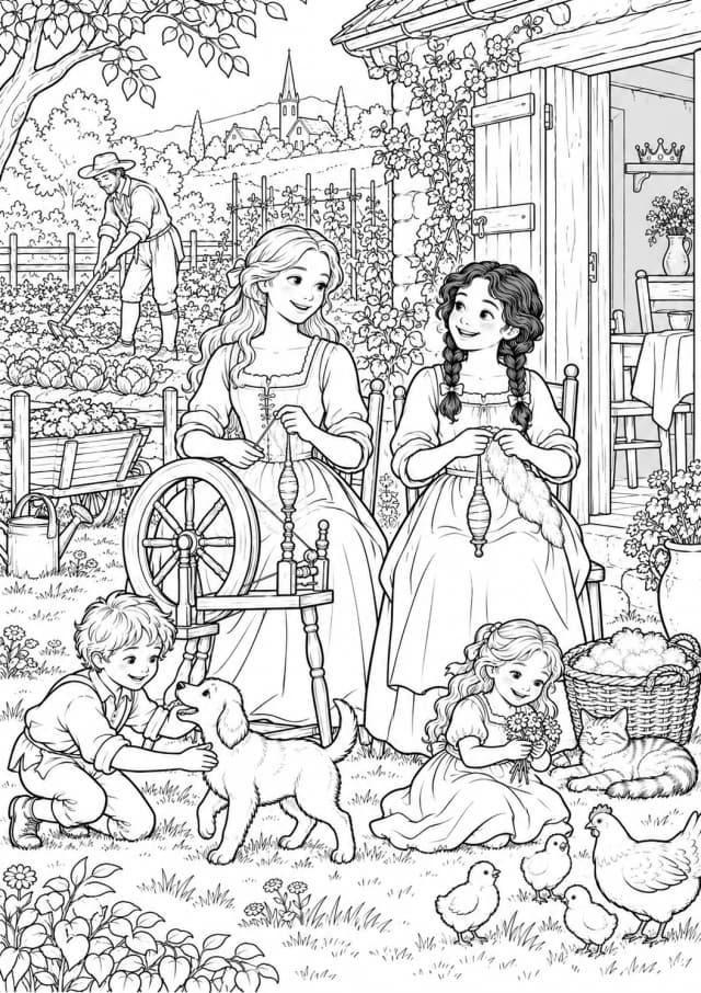 Coloriage de deux sœurs à la campagne